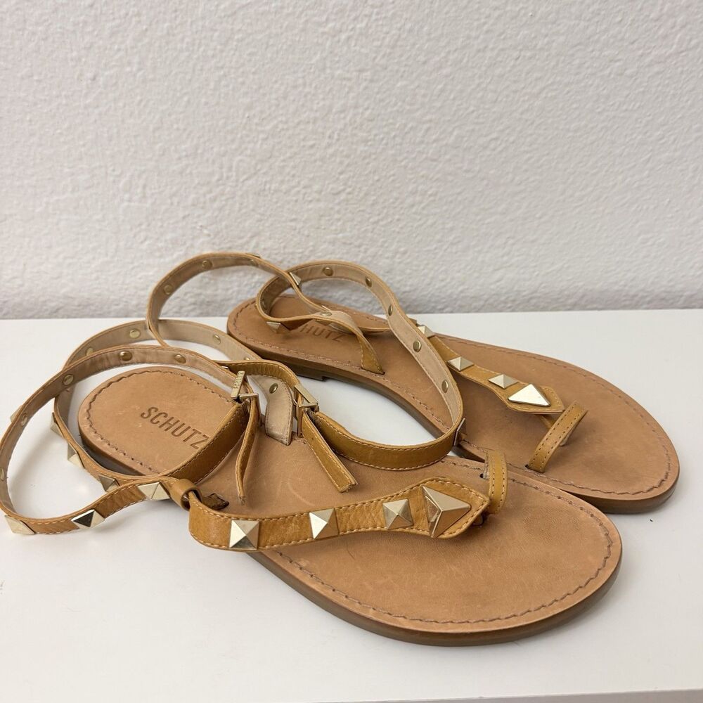 Schutz Courtney Studded Leather Gladiator Sandals Tan Gold Women's Size 8